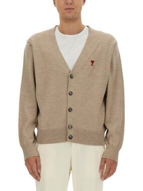 Ami Men's Beige V-Neck Cardigan with Red Heart Emblem